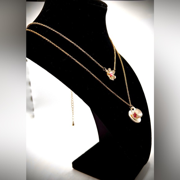 Adorable Double Gold Tone Necklace-One Designedw/Flower-the other w/Cup & Saucer - Picture 3 of 5